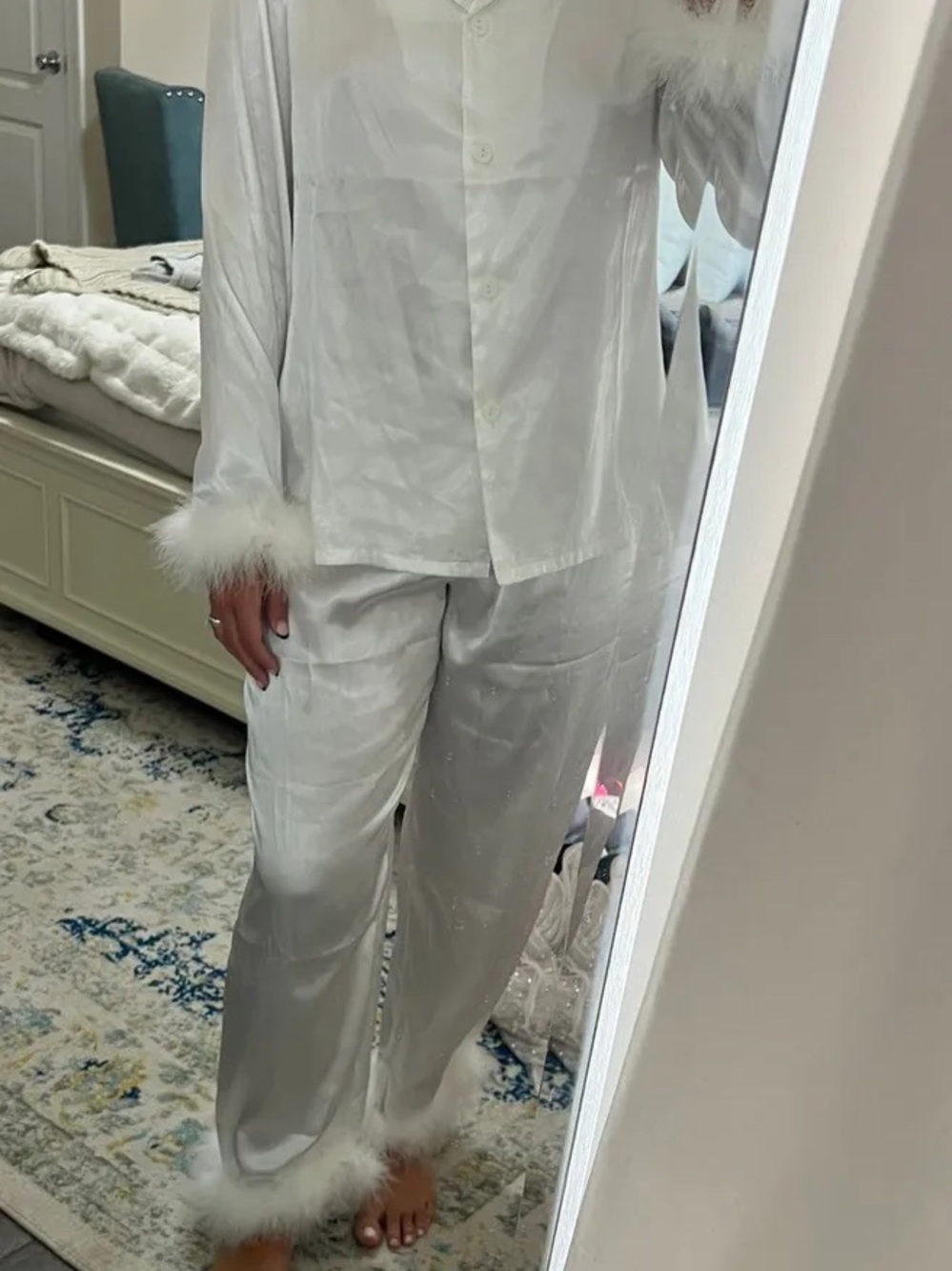 Macy's White Satin Pajama Set with Feather Trim